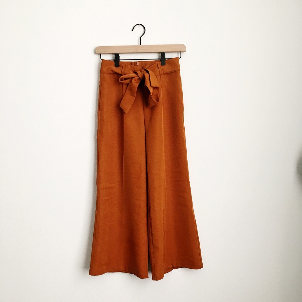 Brown Waist Tie Wide Leg Cropped Pants - Picture 5 of 5